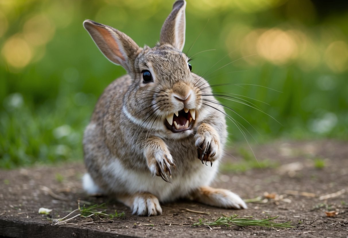 A rabbit with overgrown teeth and claws, struggling to eat and move