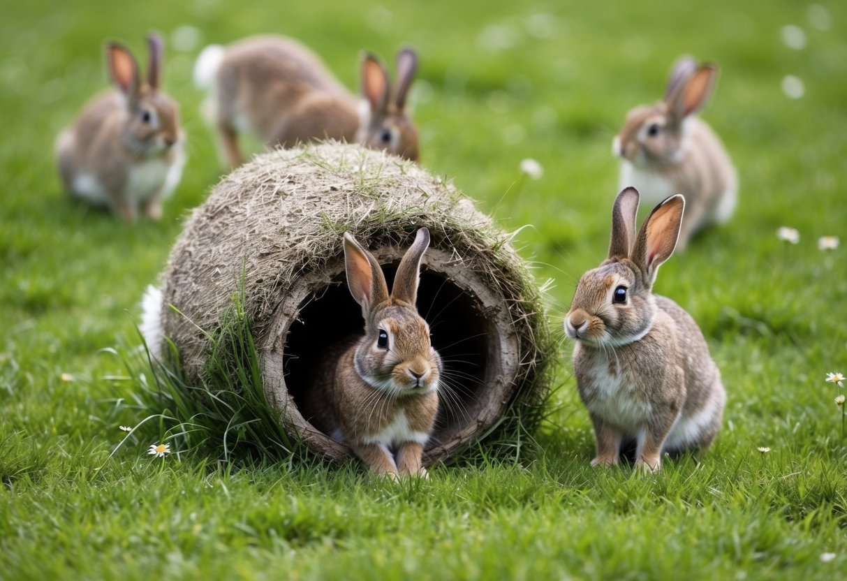 A rabbit nibbles on grass in a burrow, while others hop around, groom, and play in a grassy meadow