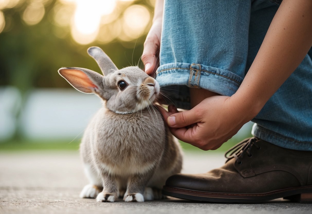 A rabbit nuzzles against its owner's leg, looking up with affectionate eyes
