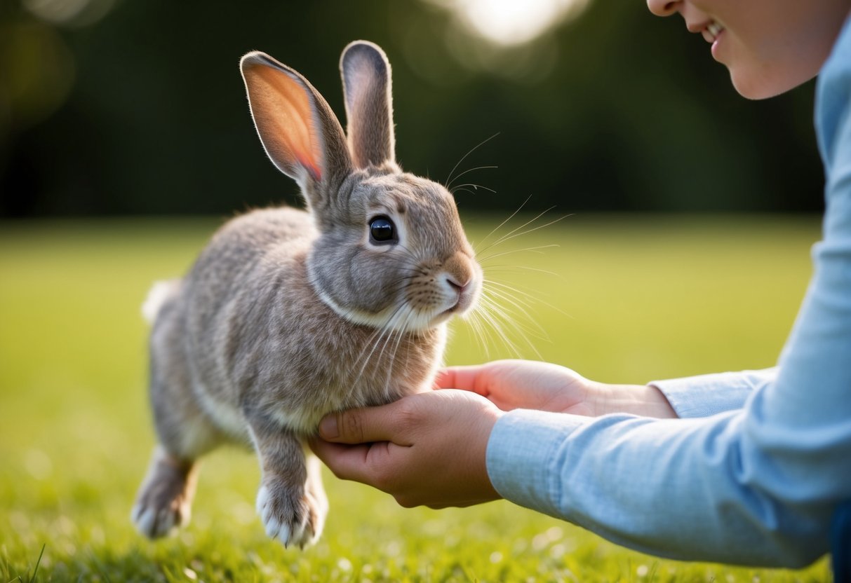 A content rabbit hops towards a person, nuzzling their hand. The rabbit's ears are perked up and it appears relaxed and happy
