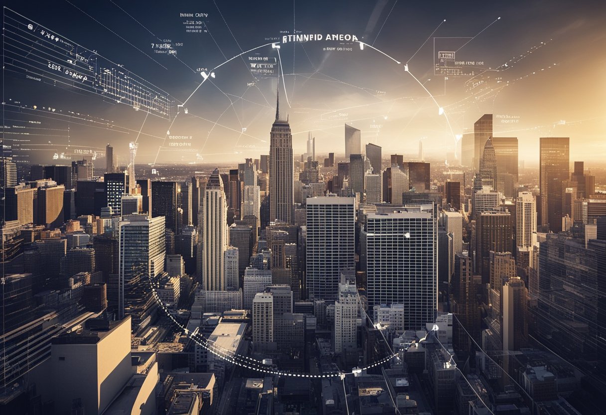 A bustling city skyline with real estate data charts and graphs overlaying the buildings, indicating the best US cities for house flipping in 2025