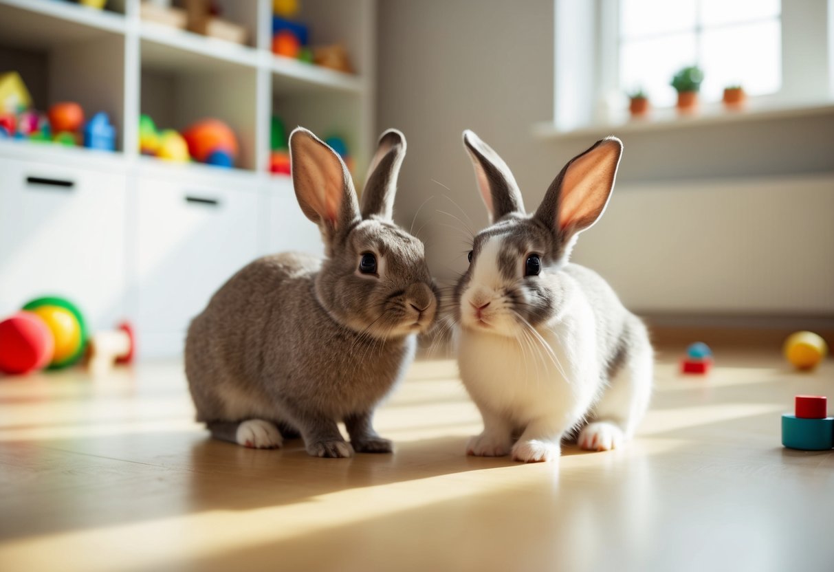 Two rabbits playing in a spacious, sunlit room with plenty of toys and hiding spots