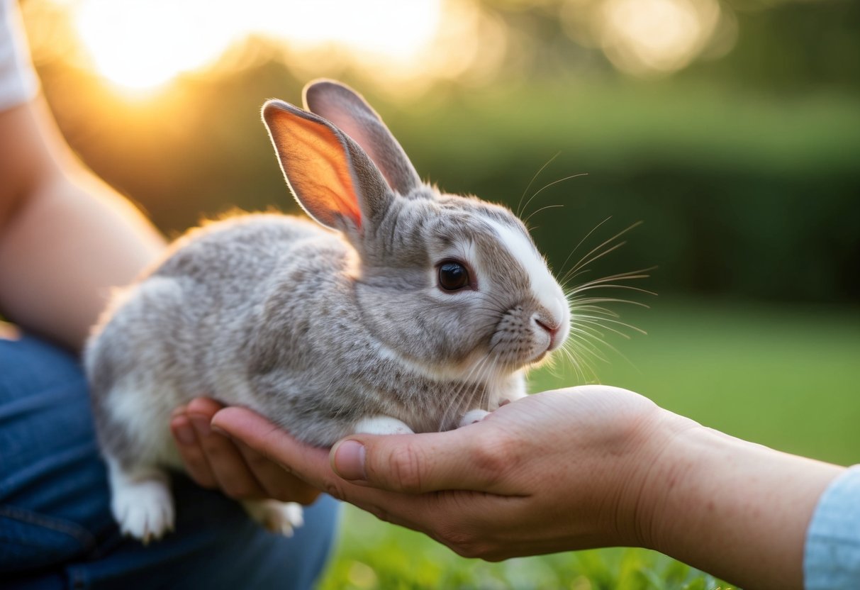 A pet rabbit nuzzles its owner's hand, seeking affection and companionship