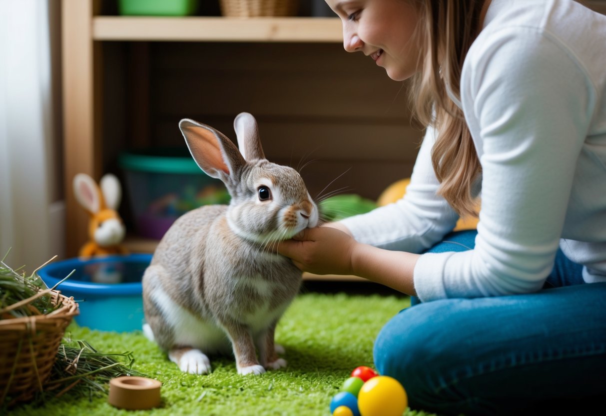A rabbit sitting in a cozy, clutter-free environment with fresh hay, water, and toys nearby, receiving gentle pets and attention from its owner