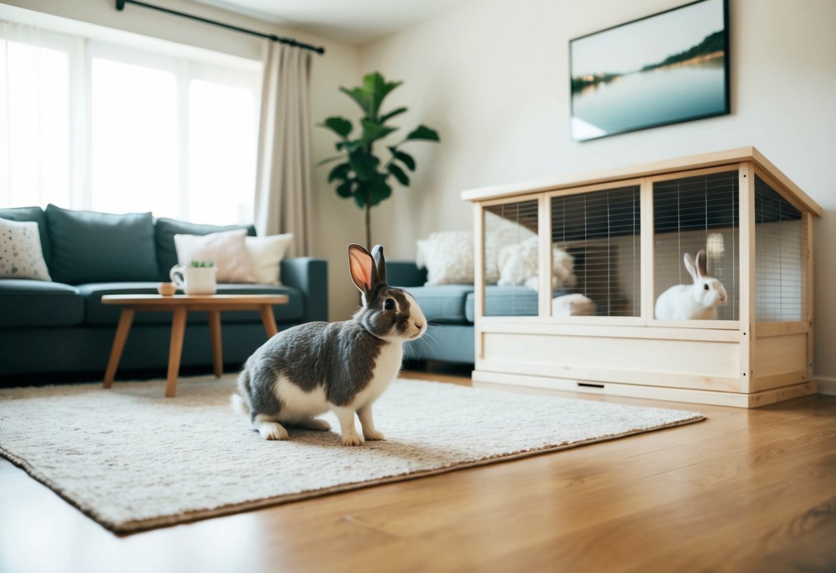 A cozy living room with a large, clean rabbit hutch and a happy, healthy-looking house rabbit hopping around freely