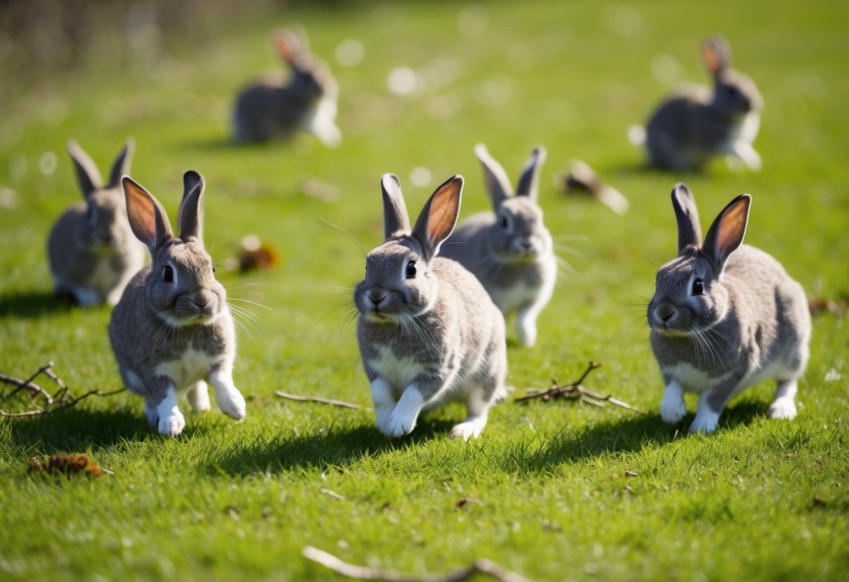Rabbits hop around a grassy field, chasing after each other and playfully nibbling on twigs and leaves