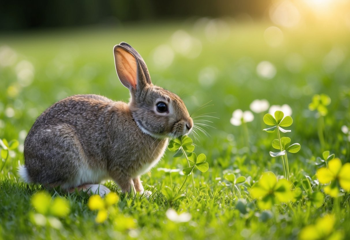 A rabbit nibbles on fresh green clover in a sun-dappled meadow
