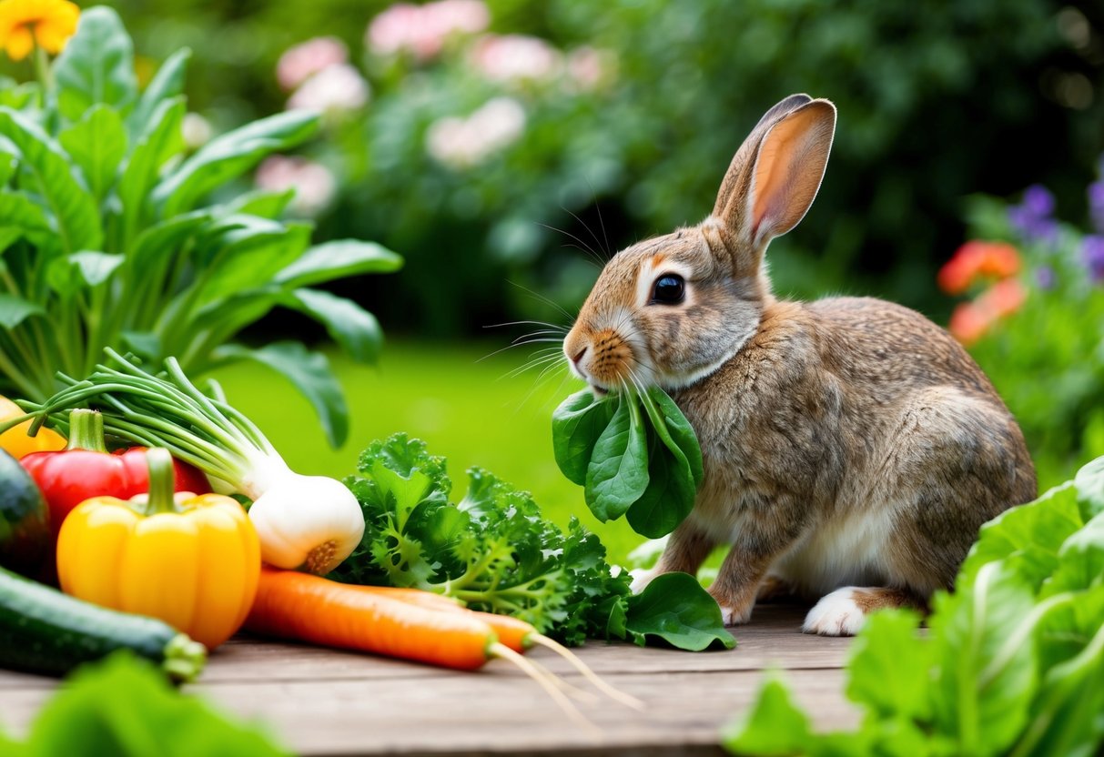 A rabbit nibbles on a variety of fresh vegetables and leafy greens in a lush garden setting