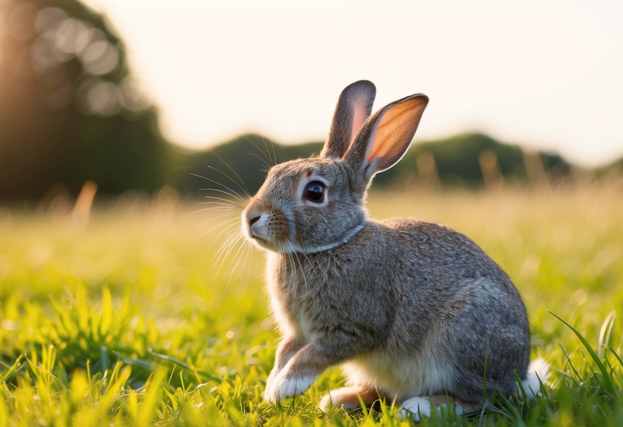 A rabbit enjoying being petted in a cozy, grassy meadow under the warm sun
