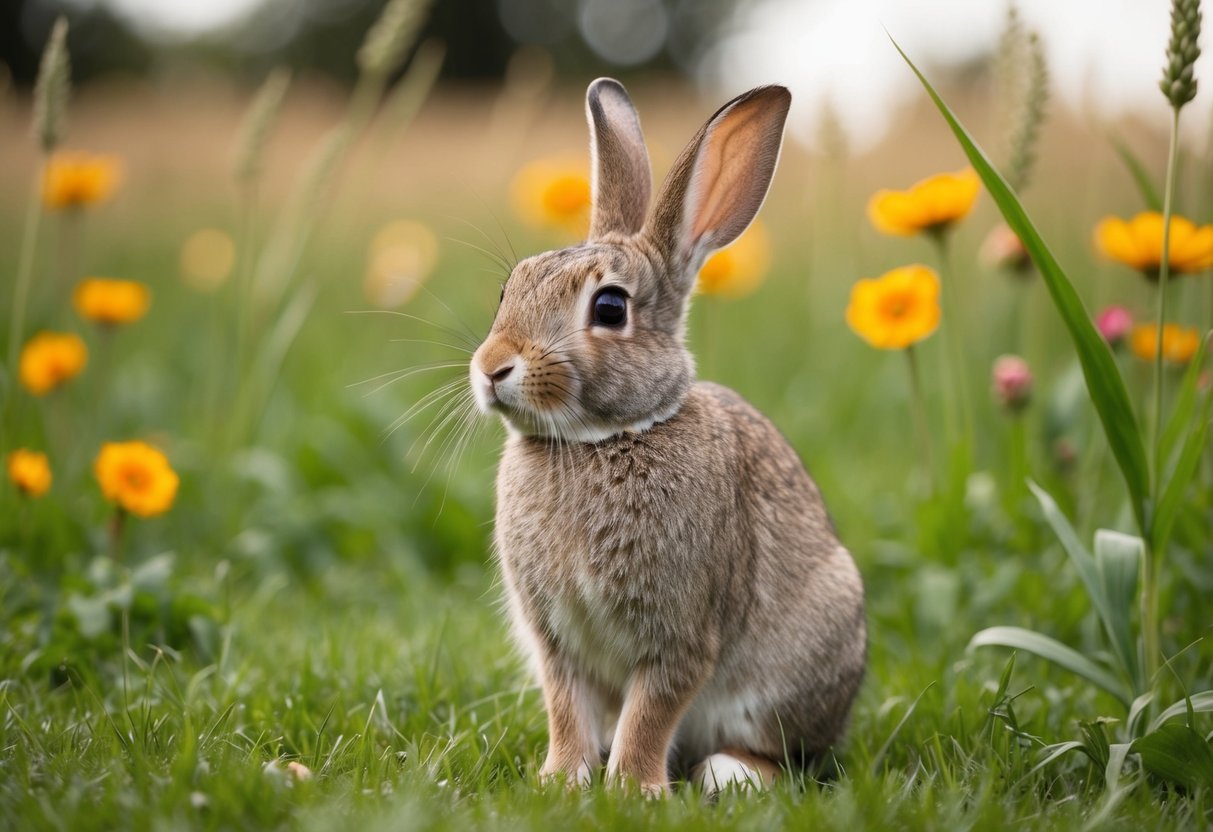 A rabbit sitting in a field, with tall grass and flowers in the background
