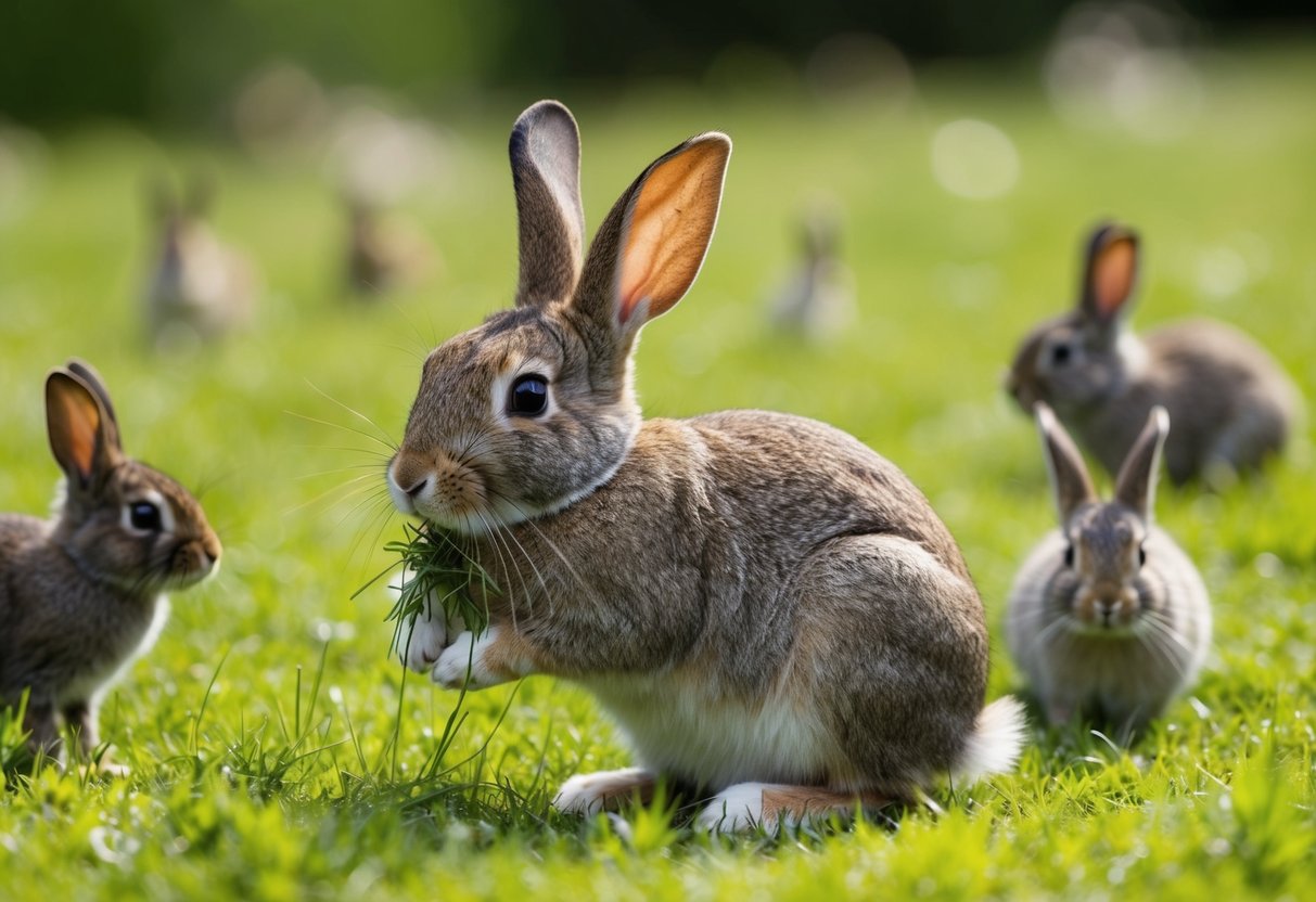 A rabbit munching on grass in a meadow, surrounded by other small animals