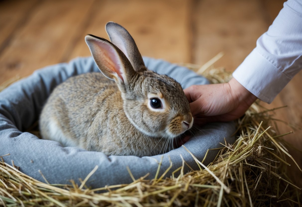A rabbit nestled in a cozy bed of hay, ears perked up as it nuzzles into a gentle pet from a nearby source