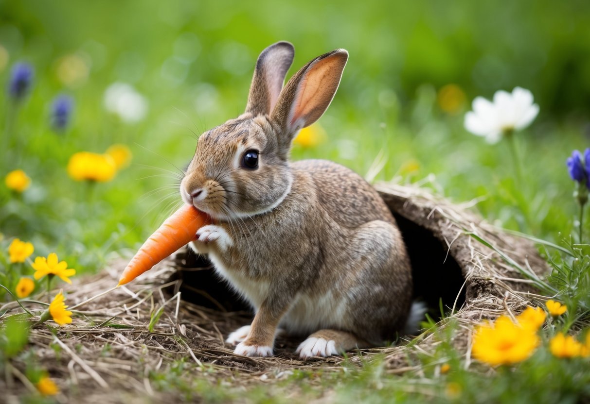 A rabbit sitting in a burrow surrounded by grass and flowers, nibbling on a carrot