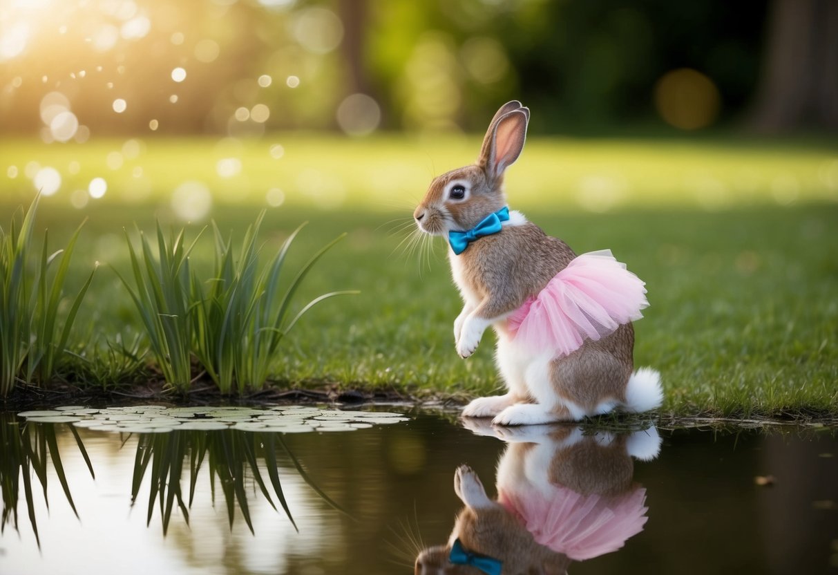 A rabbit standing on its hind legs, wearing a blue bow tie and a pink tutu, gazing curiously at its reflection in a pond