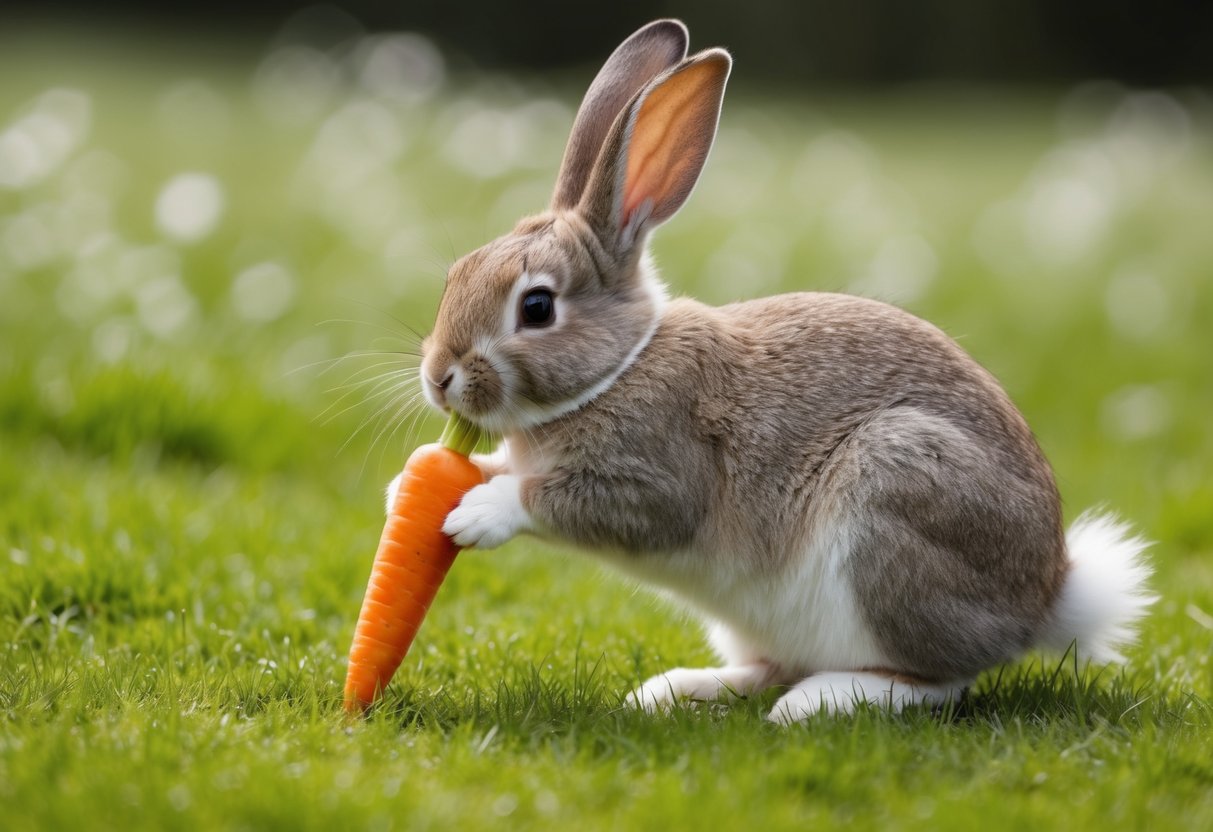 A bunny with long ears and a fluffy tail nibbles on a carrot, while hopping around in a grassy meadow