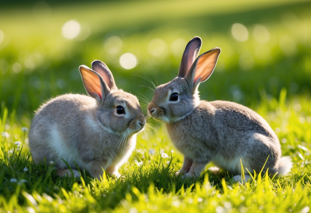 A fluffy bunny and a sleek rabbit nibble on fresh green grass in a sun-dappled meadow