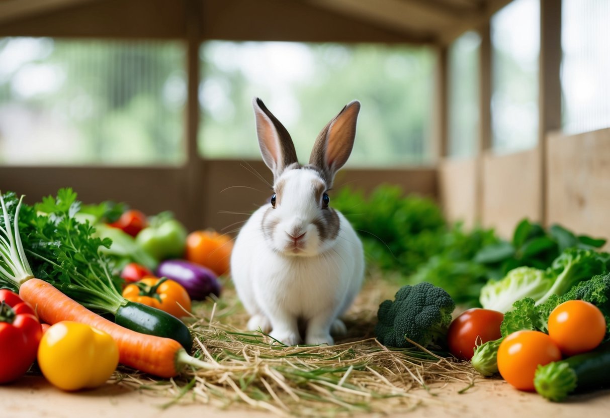A rabbit surrounded by a variety of fresh vegetables and hay in a spacious, clean enclosure