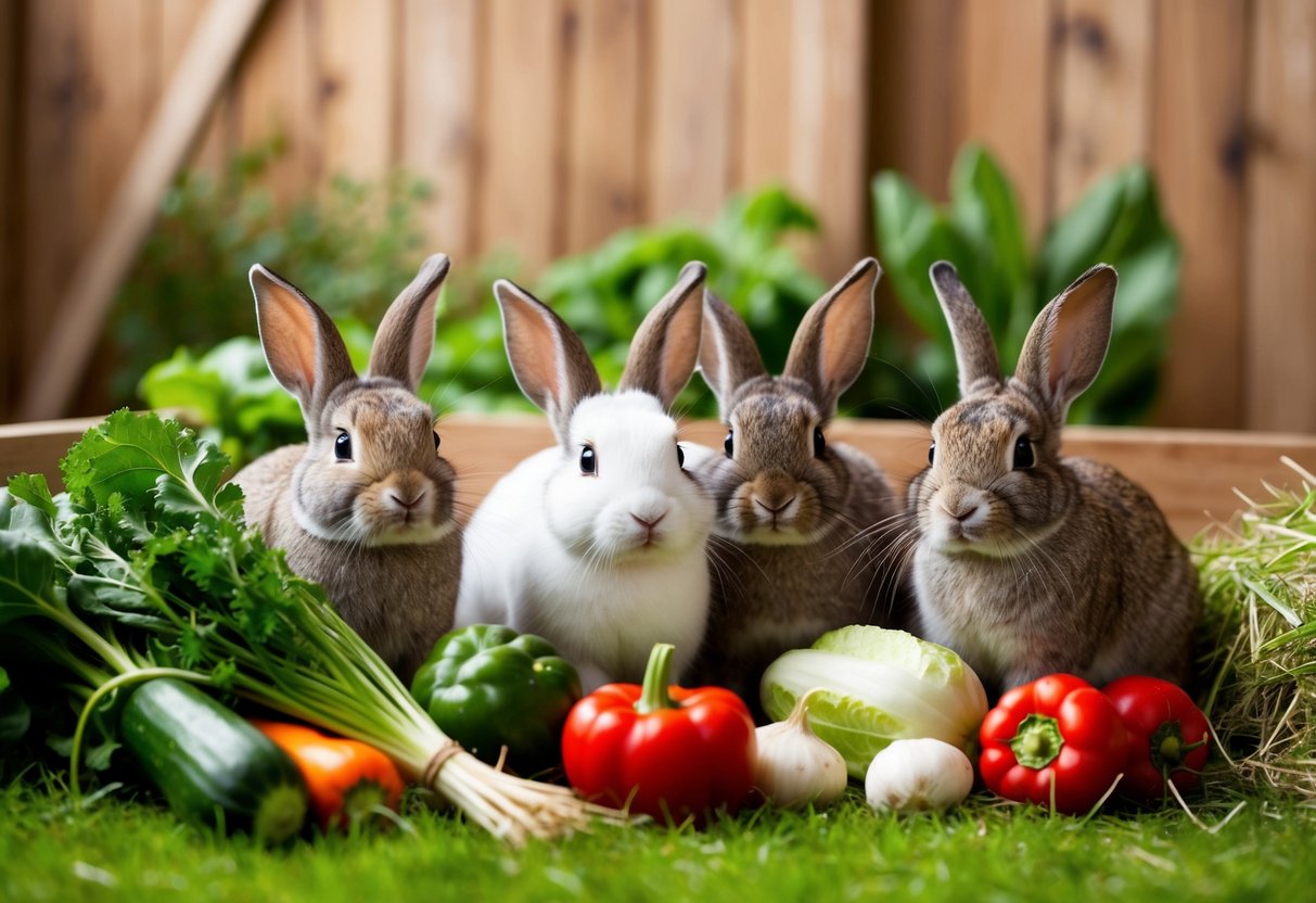 A group of rabbits surrounded by fresh vegetables and hay in a cozy, grassy enclosure