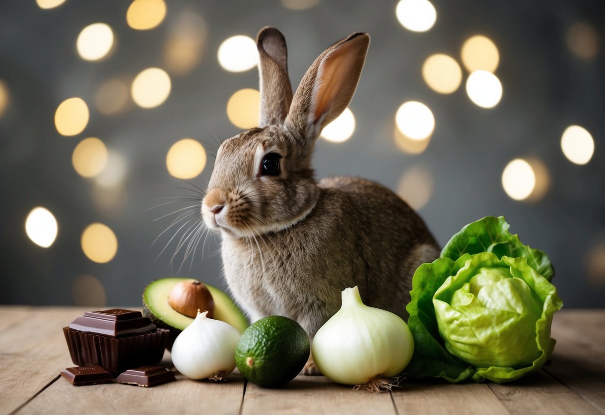 A rabbit surrounded by foods to avoid: chocolate, avocado, onions, and iceberg lettuce