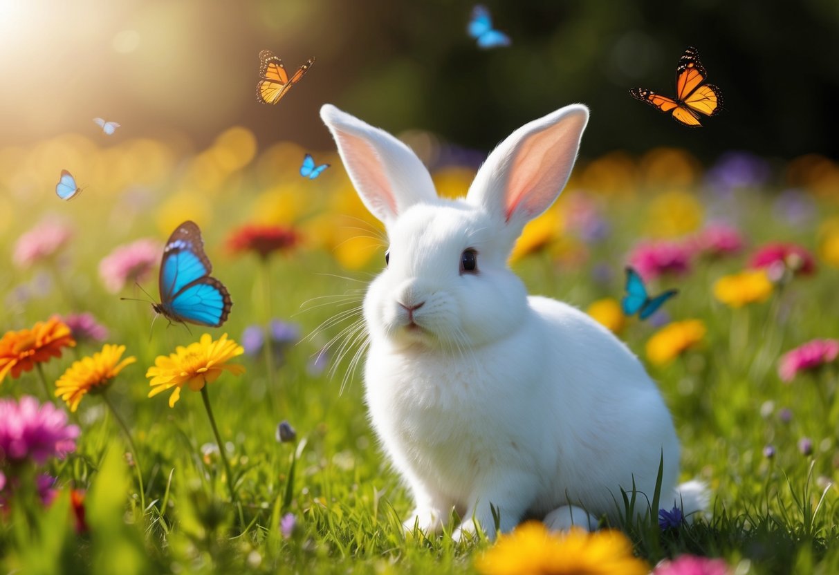 A fluffy white bunny with floppy ears sits in a field of colorful flowers, surrounded by butterflies and a gentle breeze