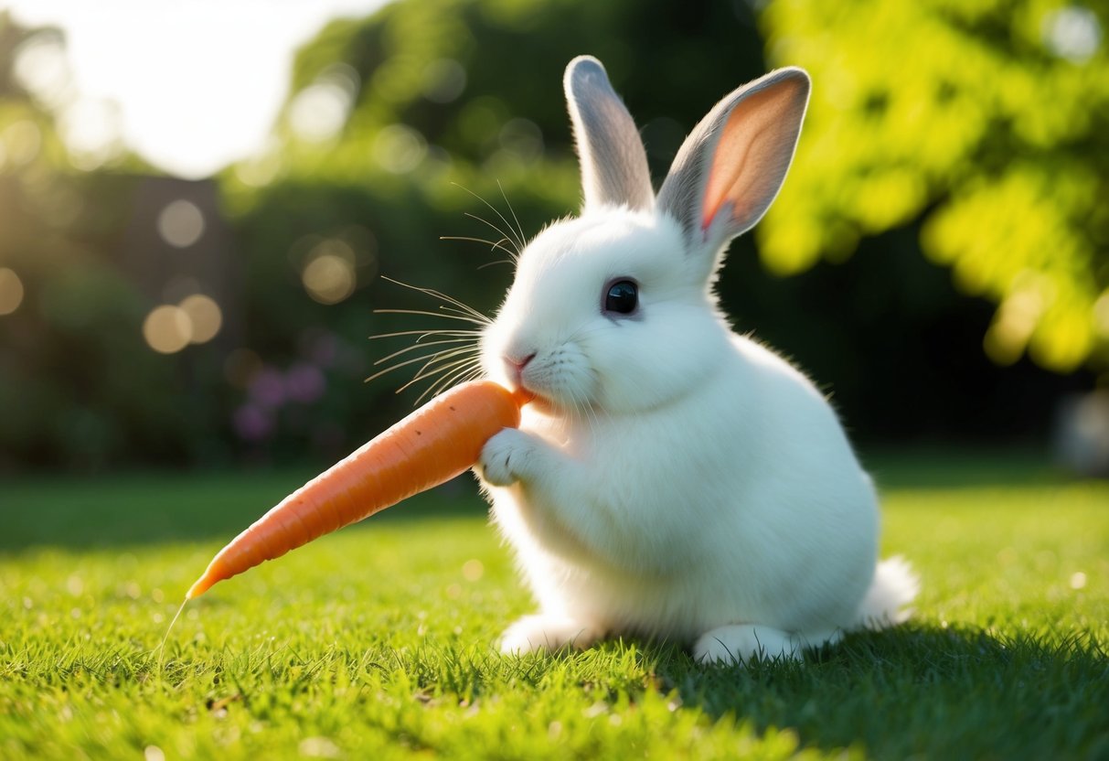 A fluffy white bunny named Cotton nibbles on a vibrant carrot in a sunlit garden