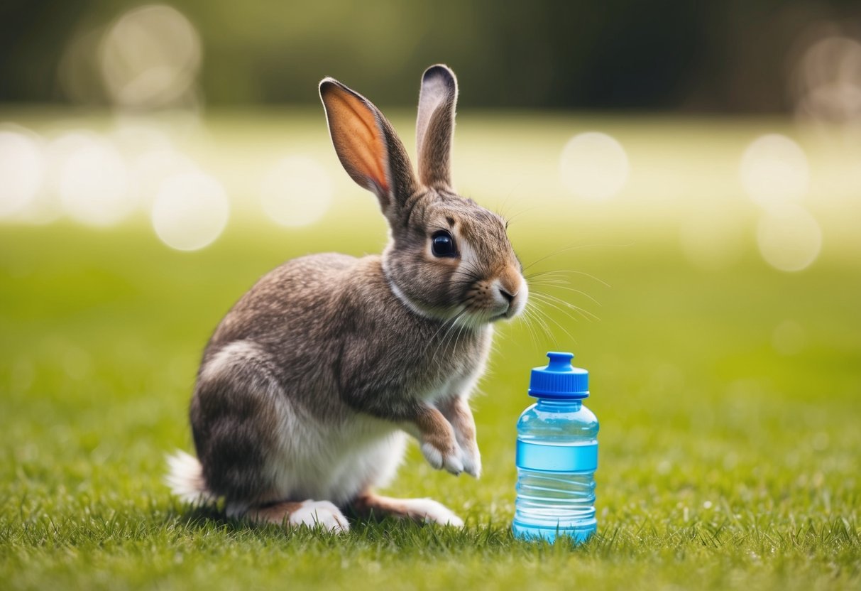 A rabbit hunched over, panting, with a dry water bottle nearby