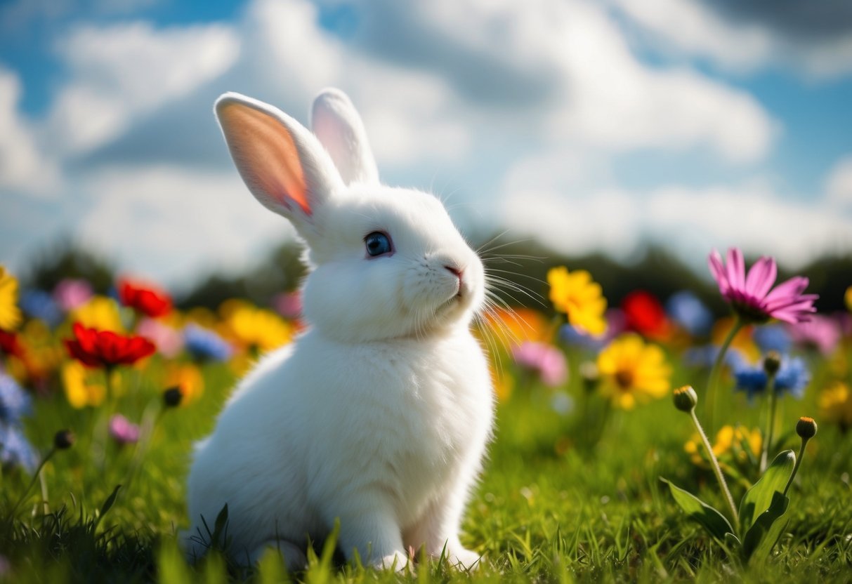 A fluffy white bunny with floppy ears and blue eyes sits in a field of colorful flowers, looking up at the sky