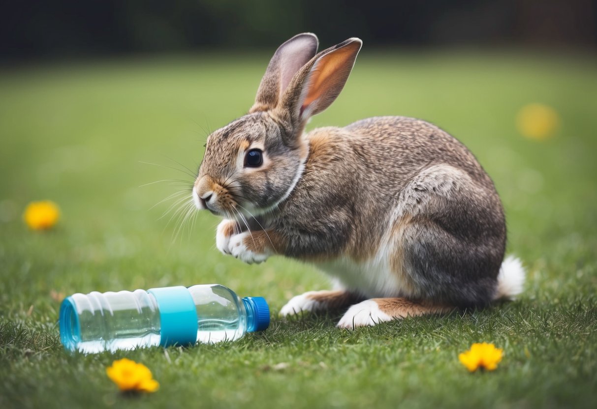A rabbit hunched over, panting, with an empty water bottle nearby