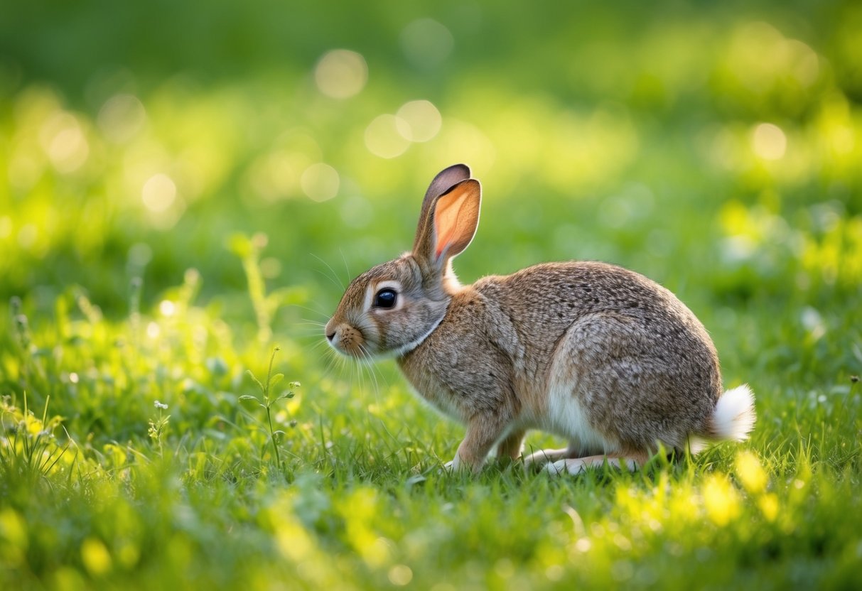 A lone rabbit forages in a lush, sun-dappled meadow