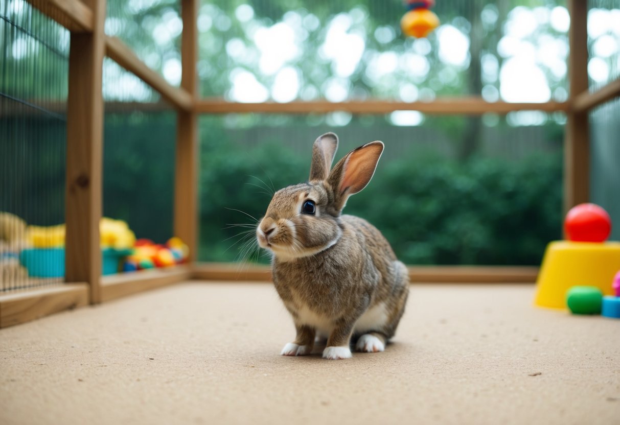 A solitary rabbit sits in a spacious, well-furnished enclosure, with ample food, water, and toys