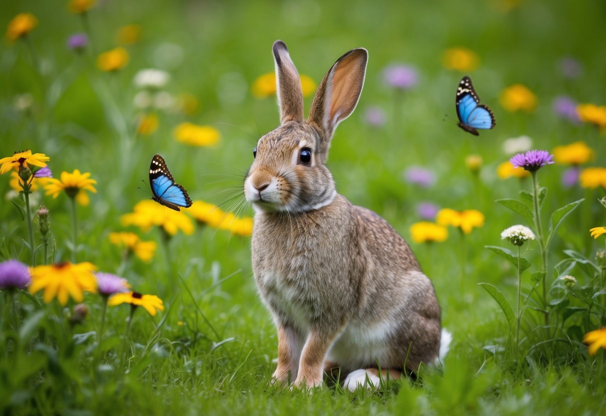 A rabbit sitting in a lush, green meadow with a serene expression, surrounded by wildflowers and butterflies