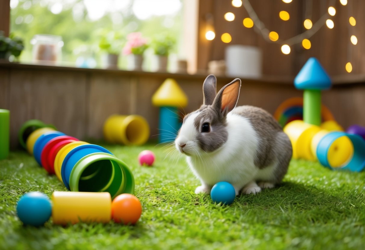A lively, spacious rabbit hutch with plenty of toys and tunnels for exercise and stimulation