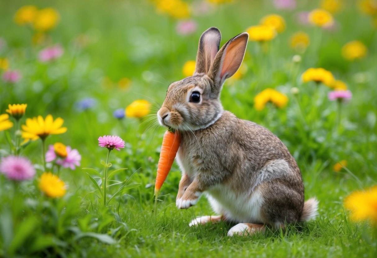 A rabbit sitting in a lush green meadow, surrounded by colorful wildflowers and nibbling on a carrot, with a peaceful and content expression on its face