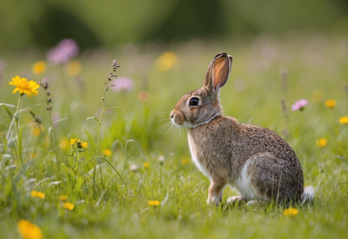 A lone rabbit in a peaceful meadow, surrounded by wildflowers and tall grass, gazing into the distance with a sense of solitude