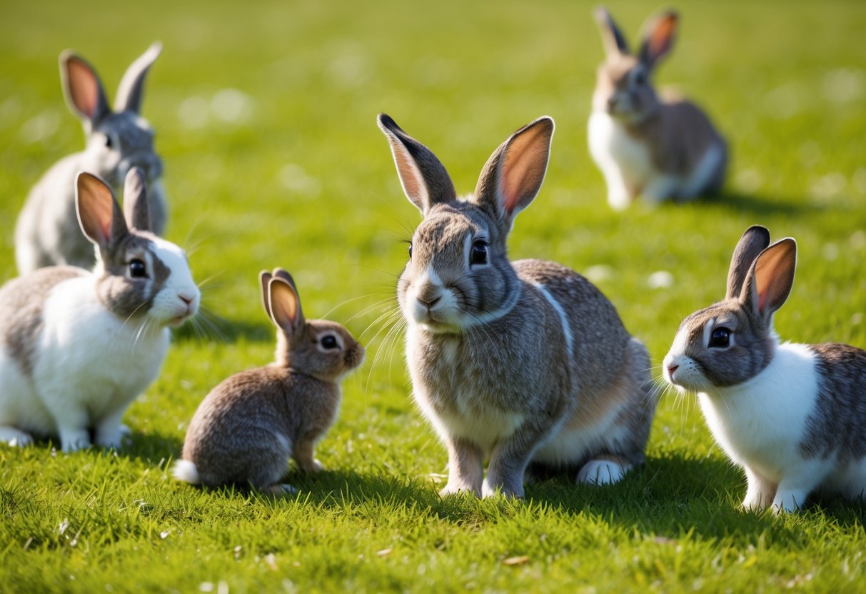 A happy, healthy rabbit playing in a spacious, grassy meadow surrounded by other rabbits of various ages