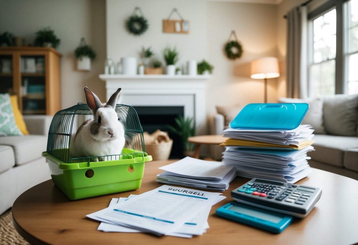A cozy living room with a rabbit hutch, pet supplies, and a stack of financial documents, including vet bills and budget spreadsheets