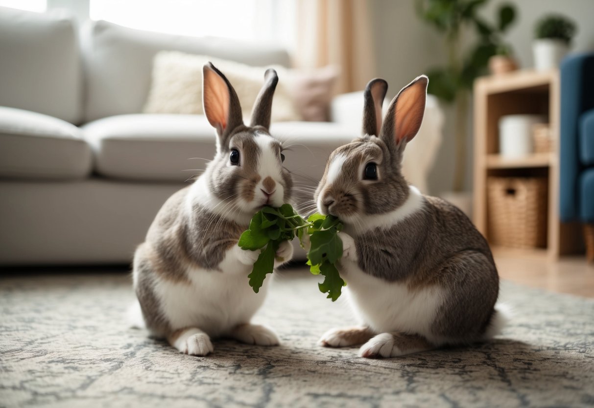Two rabbits sitting peacefully together, grooming each other and nibbling on fresh greens in a cozy, clutter-free living space