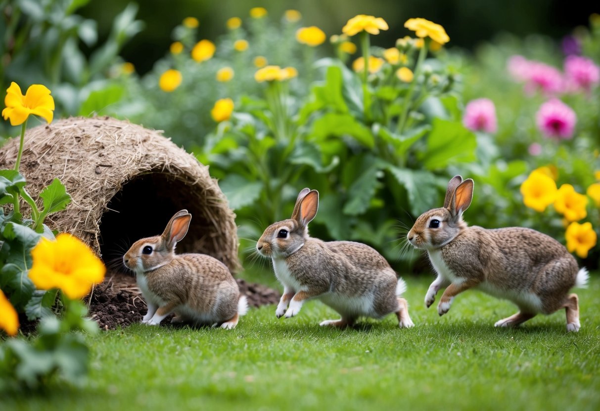 A garden with a burrow and a family of rabbits hopping among the flowers and vegetables