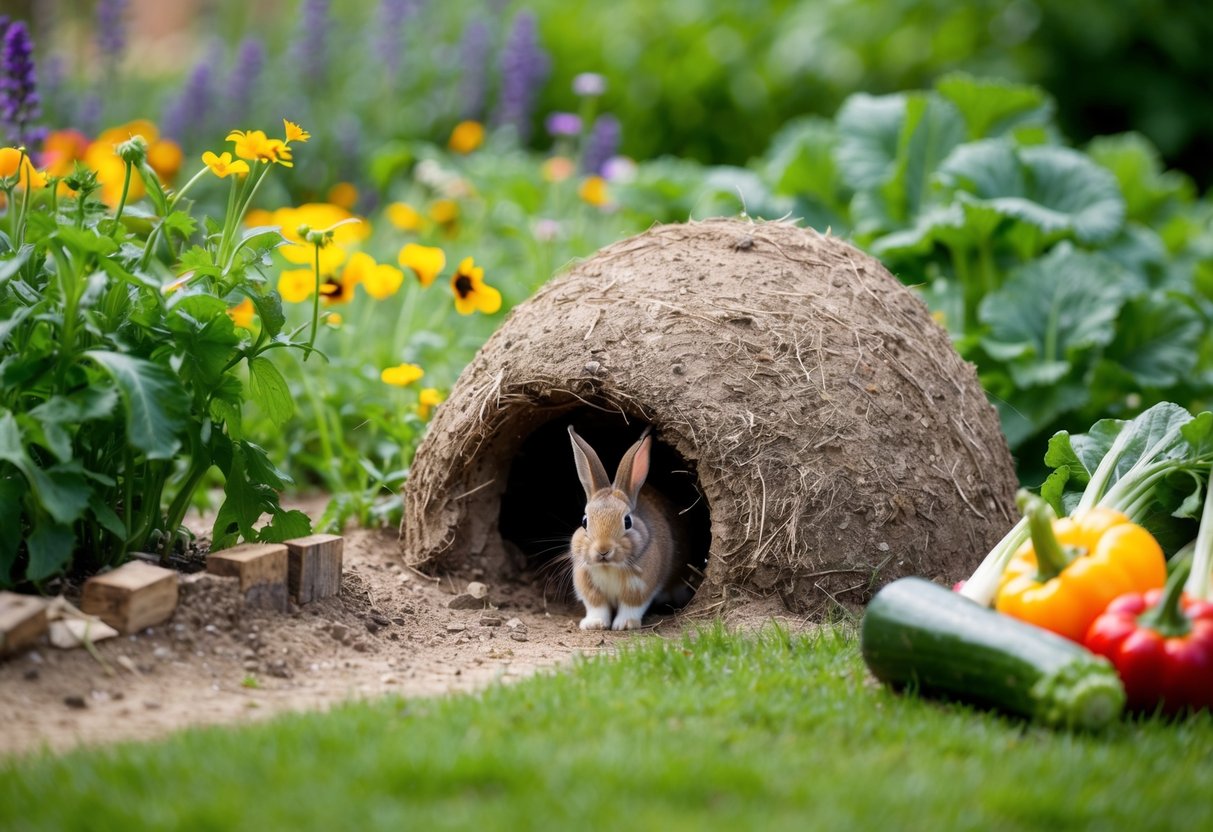 A garden with a burrow and wildflowers, a rabbit hopping around, and a small pile of fresh vegetables nearby
