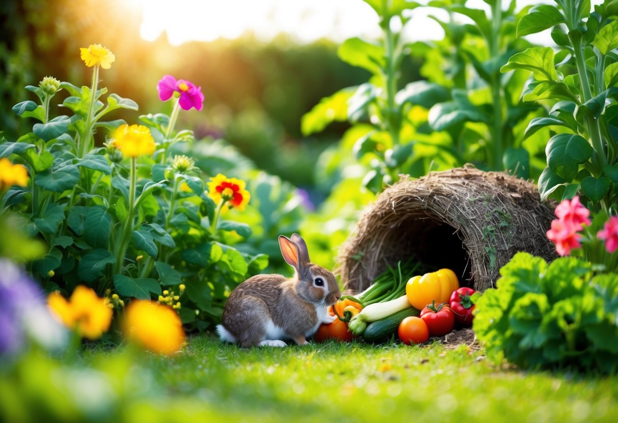 A garden with lush greenery, colorful flowers, and a burrow nestled in the corner. A rabbit nibbles on fresh vegetables while basking in the warm sunlight