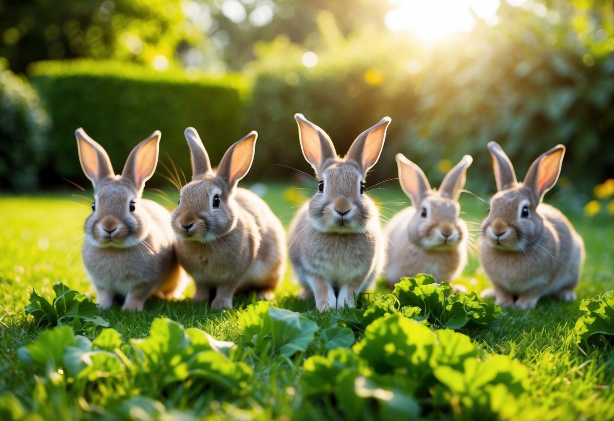 A group of rabbits frolic in a lush garden, nibbling on fresh greens and hopping around playfully. The sun shines down on the peaceful scene