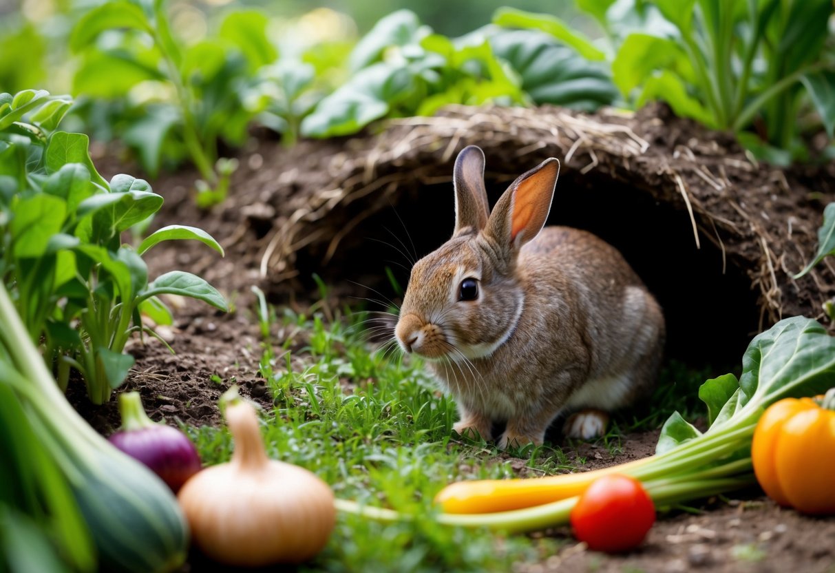 A rabbit nibbling on grass in a burrow, surrounded by various plants and vegetables