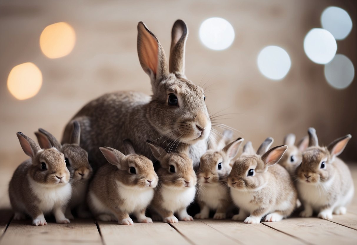 A rabbit surrounded by multiple litters of baby bunnies, emphasizing the concept of multiple births in its lifetime