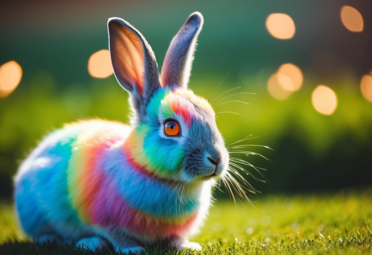 A rabbit with rainbow-colored fur and glowing eyes