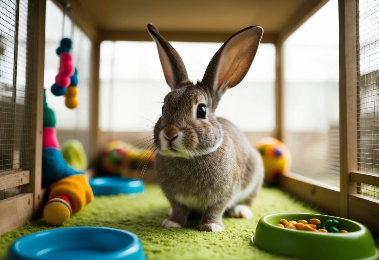 A rabbit with unusually large ears sits in a cozy indoor enclosure, surrounded by toys and food dishes