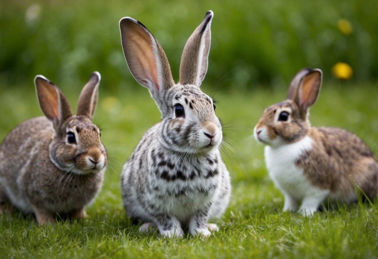 A rare rabbit with unusually large ears and a distinctive spotted fur pattern, surrounded by other common breeds in a grassy meadow