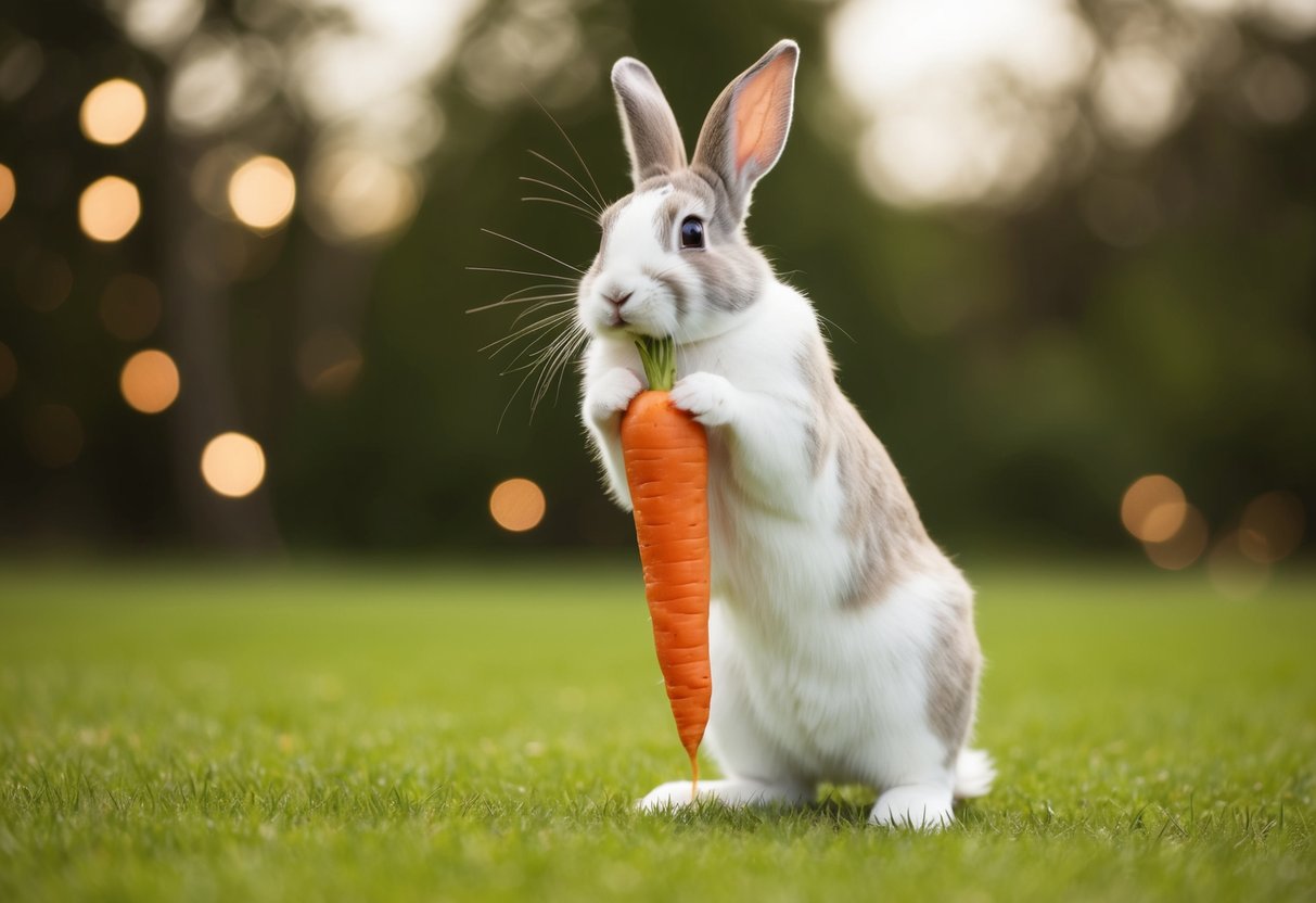 A bunny struggling to lift a heavy carrot