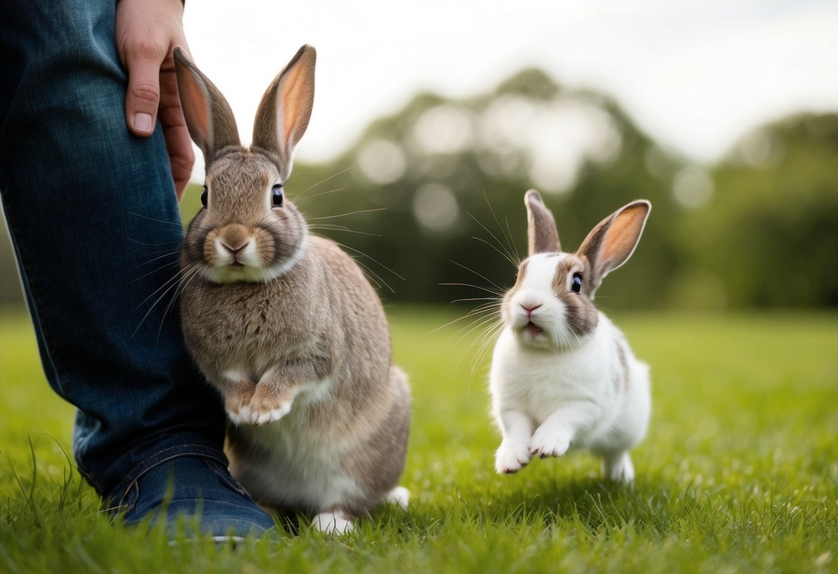 A rabbit nuzzles against a person's leg, while another rabbit hops excitedly towards them
