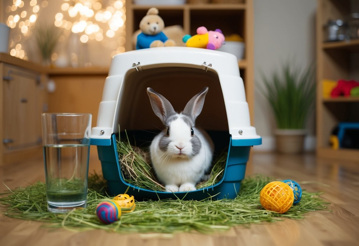 A pet rabbit sits in a cozy hutch, surrounded by fresh hay and water, with a few toys scattered around for entertainment