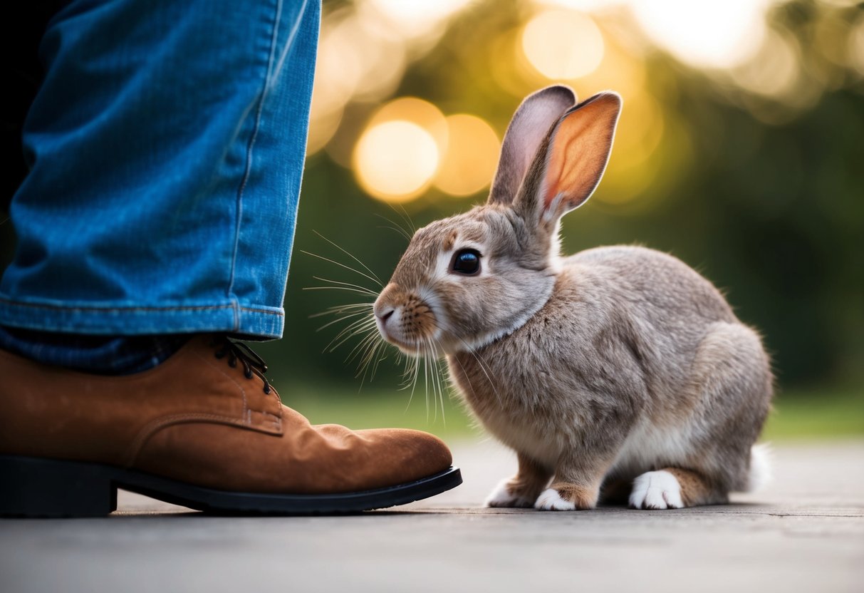 A rabbit nuzzles against a person's leg, seeking comfort and affection